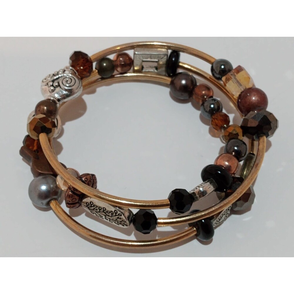 Boho Chic Browns Faux Pearl, Faceted Glass And 2-Toned Beaded Wire Wrap Bracelet